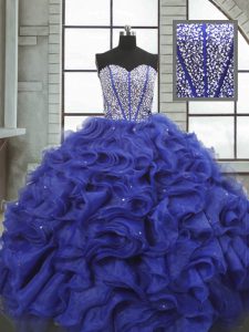 Charming Blue Ball Gowns Beading and Ruffles Sweet 16 Dress Lace Up Organza Sleeveless Floor Length
