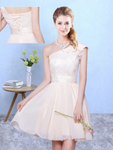 Noble Champagne Lace Up Quinceanera Dama Dress Appliques Cap Sleeves Knee Length