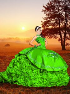 Green Sleeveless Organza Brush Train Lace Up 15th Birthday Dress for Military Ball and Sweet 16 and Quinceanera
