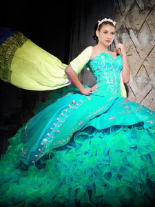 Most Popular Turquoise Ball Gowns Sweetheart Sleeveless Organza With Brush Train Lace Up Embroidery and Ruffles Ball Gown Prom Dress