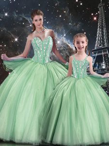 Custom Made Apple Green Tulle Lace Up Sweetheart Sleeveless Floor Length Quinceanera Dresses Beading