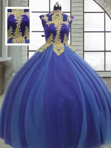 New Arrival Royal Blue Lace Up High-neck Appliques Sweet 16 Dress Tulle Sleeveless