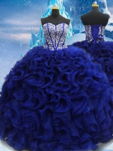 Modest Sweetheart Sleeveless Ball Gown Prom Dress Floor Length Beading Royal Blue Fabric With Rolling Flowers
