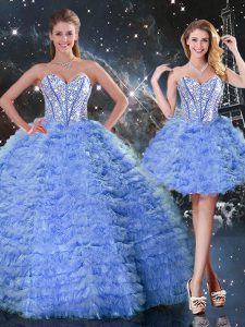 Excellent Floor Length Lace Up 15th Birthday Dress Blue for Military Ball and Sweet 16 and Quinceanera with Beading and Ruffled Layers