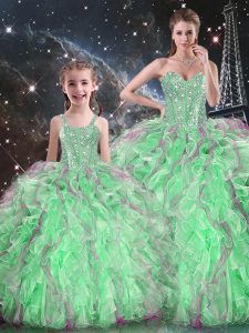 Exceptional Organza Sweetheart Sleeveless Lace Up Beading and Ruffles Vestidos de Quinceanera in Green