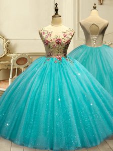 Pretty Aqua Blue Sleeveless Floor Length Appliques and Sequins Lace Up Sweet 16 Dress