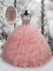 Ball Gowns Quinceanera Gown Baby Pink Scoop Organza Sleeveless Floor Length Lace Up