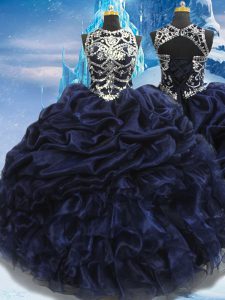 Navy Blue Sleeveless Taffeta Lace Up Vestidos de Quinceanera for Military Ball and Sweet 16 and Quinceanera
