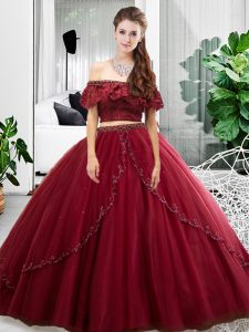 Floor Length Burgundy Quinceanera Gown Tulle Sleeveless Lace and Ruffles