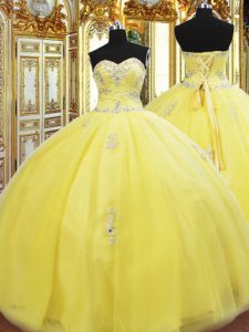 Custom Made Gold Lace Up Sweet 16 Quinceanera Dress Beading and Appliques Sleeveless Floor Length
