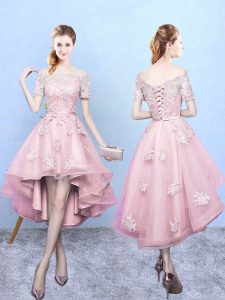 Vintage Baby Pink Off The Shoulder Lace Up Lace Quinceanera Court of Honor Dress Short Sleeves