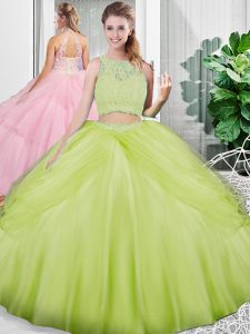 Beautiful Ball Gowns Vestidos de Quinceanera Yellow Green Scoop Tulle Sleeveless Floor Length Lace Up