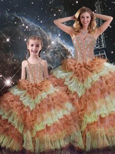Enchanting Multi-color Sweetheart Neckline Beading and Ruffled Layers and Sequins Quinceanera Dress Sleeveless Lace Up