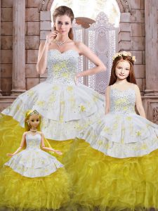Popular Yellow And White Lace Up Sweetheart Beading and Appliques and Ruffles Quinceanera Gown Organza Sleeveless