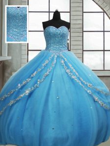 High Quality Baby Blue Sleeveless Floor Length Beading and Appliques and Sequins Lace Up Vestidos de Quinceanera