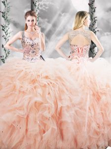 Peach Tulle Lace Up Straps Sleeveless Floor Length Quinceanera Dress Beading and Ruffles