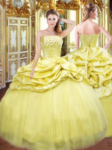 Gold Strapless Lace Up Beading and Pick Ups 15th Birthday Dress Sleeveless
