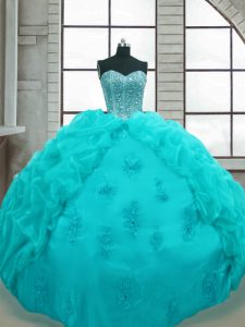On Sale Beading and Appliques and Pick Ups Quinceanera Gowns Aqua Blue Lace Up Sleeveless Floor Length
