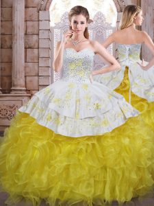 Sleeveless Lace Up Floor Length Beading and Appliques and Ruffles Ball Gown Prom Dress
