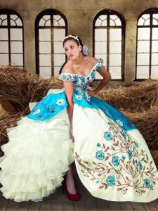 Fabulous Off The Shoulder Sleeveless 15th Birthday Dress Floor Length Embroidery and Ruffled Layers Multi-color Taffeta
