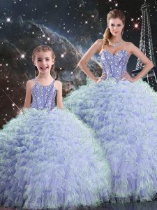 Lavender Ball Gowns Organza Sweetheart Sleeveless Beading and Ruffles Floor Length Lace Up Ball Gown Prom Dress