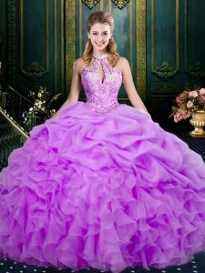 Lilac Ball Gowns Halter Top Sleeveless Organza Floor Length Lace Up Beading and Ruffles and Pick Ups Quinceanera Gown