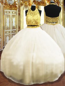 Floor Length Zipper Quinceanera Gowns Champagne for Military Ball and Sweet 16 and Quinceanera with Beading