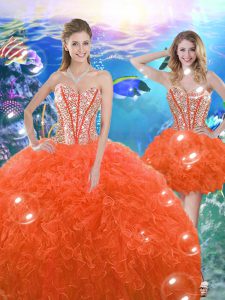 Orange Red Quinceanera Dresses Military Ball and Sweet 16 and Quinceanera with Beading and Ruffles Sweetheart Sleeveless Lace Up