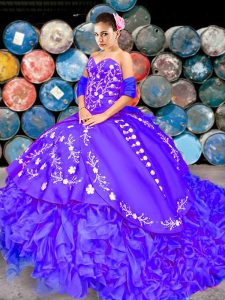 Affordable Purple Sleeveless Brush Train Embroidery and Ruffles 15 Quinceanera Dress