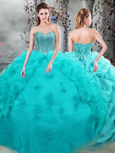 Modest Aqua Blue Sleeveless Beading and Appliques and Pick Ups Floor Length Sweet 16 Quinceanera Dress