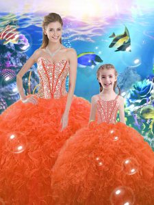 Clearance Orange Red Sleeveless Organza Lace Up Quince Ball Gowns for Military Ball and Sweet 16 and Quinceanera