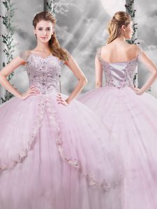 Luxurious Tulle Cap Sleeves Quinceanera Gown Brush Train and Beading and Appliques