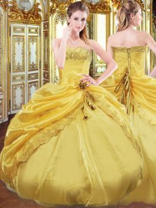 Floor Length Lace Up Quinceanera Dresses Gold for Military Ball and Sweet 16 and Quinceanera with Beading and Pick Ups