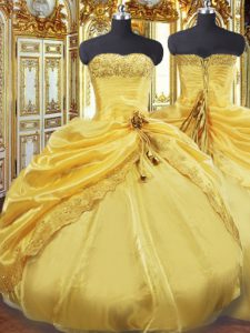 Lovely Gold Ball Gowns Taffeta Strapless Sleeveless Beading and Pick Ups Floor Length Lace Up Quinceanera Gown