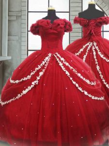 Ball Gowns Sleeveless Wine Red Sweet 16 Dress Brush Train Lace Up