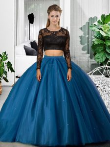 New Arrival Two Pieces Quinceanera Gowns Blue Scoop Tulle Long Sleeves Floor Length Backless