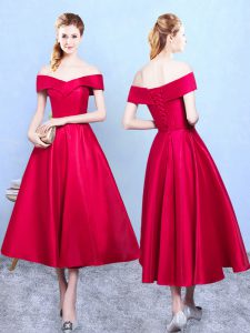 Wine Red Taffeta Lace Up Off The Shoulder Sleeveless Tea Length Quinceanera Court Dresses Appliques