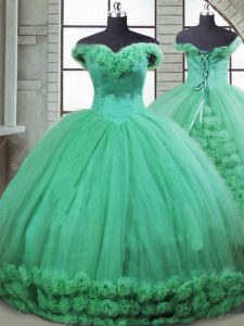Turquoise Sweet 16 Quinceanera Dress Military Ball and Sweet 16 and Quinceanera with Hand Made Flower Off The Shoulder Sleeveless Brush Train Lace Up