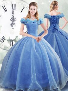Suitable Light Blue Quince Ball Gowns Off The Shoulder Sleeveless Brush Train Lace Up