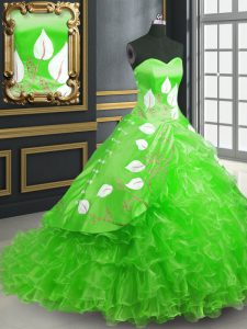 Customized Green Sleeveless Brush Train Embroidery Quinceanera Dress
