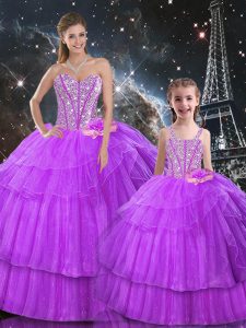 Purple Lace Up Sweetheart Beading and Ruffled Layers Quinceanera Gown Organza and Tulle Sleeveless