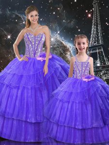 Stylish Purple Organza and Tulle Lace Up Quince Ball Gowns Sleeveless Floor Length Ruffled Layers and Sequins