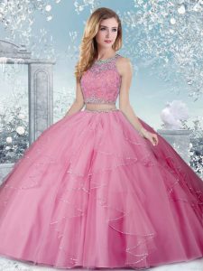 High Class Rose Pink Clasp Handle Scoop Beading Ball Gown Prom Dress Tulle Sleeveless