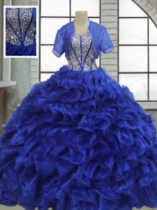 Royal Blue Ball Gowns Ruffles Quinceanera Dresses Lace Up Organza Short Sleeves Floor Length