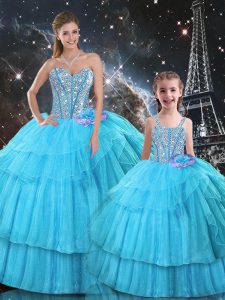 Floor Length Lace Up Quince Ball Gowns Aqua Blue for Military Ball and Sweet 16 and Quinceanera with Ruffled Layers and Sequins
