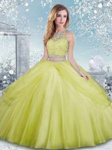 Glamorous Yellow Green Tulle Clasp Handle Scoop Sleeveless Floor Length 15th Birthday Dress Beading