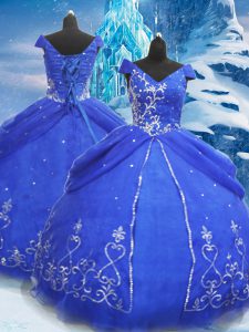 Floor Length Ball Gowns Short Sleeves Blue 15 Quinceanera Dress Lace Up