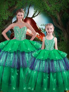 Unique Green Ball Gowns Beading and Ruffled Layers Ball Gown Prom Dress Lace Up Organza Sleeveless Floor Length