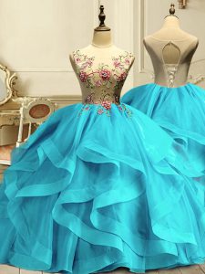 Aqua Blue Lace Up Ball Gown Prom Dress Appliques and Ruffles Sleeveless Floor Length