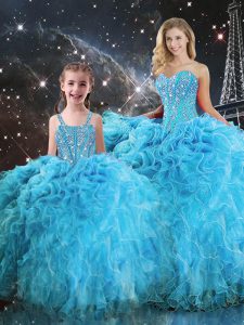 Fancy Aqua Blue Sleeveless Organza Lace Up Sweet 16 Quinceanera Dress for Military Ball and Sweet 16 and Quinceanera